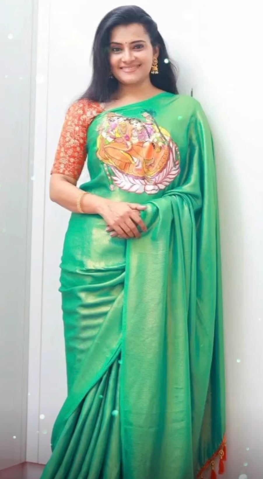 Tanjore hand painted Shimmer Silk sarees